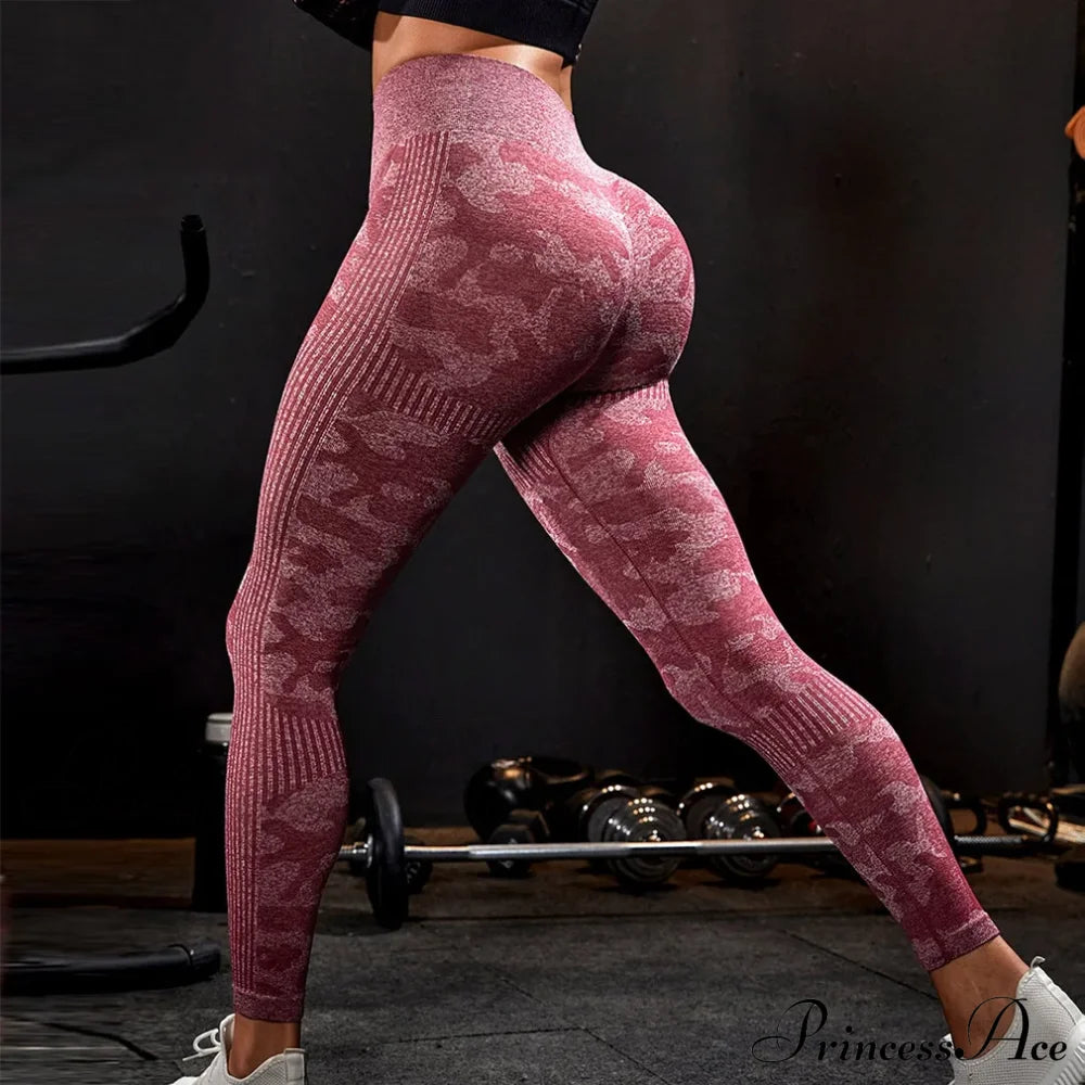 High Waist Camouflage Seamless Stretch Butt Lift Gym Legging Red / S