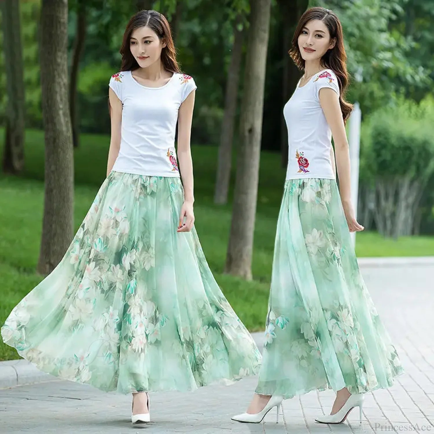 High Waist Elastic Waist Midi Full Long Skirt 2024 Green Lily / M skirt-250126
