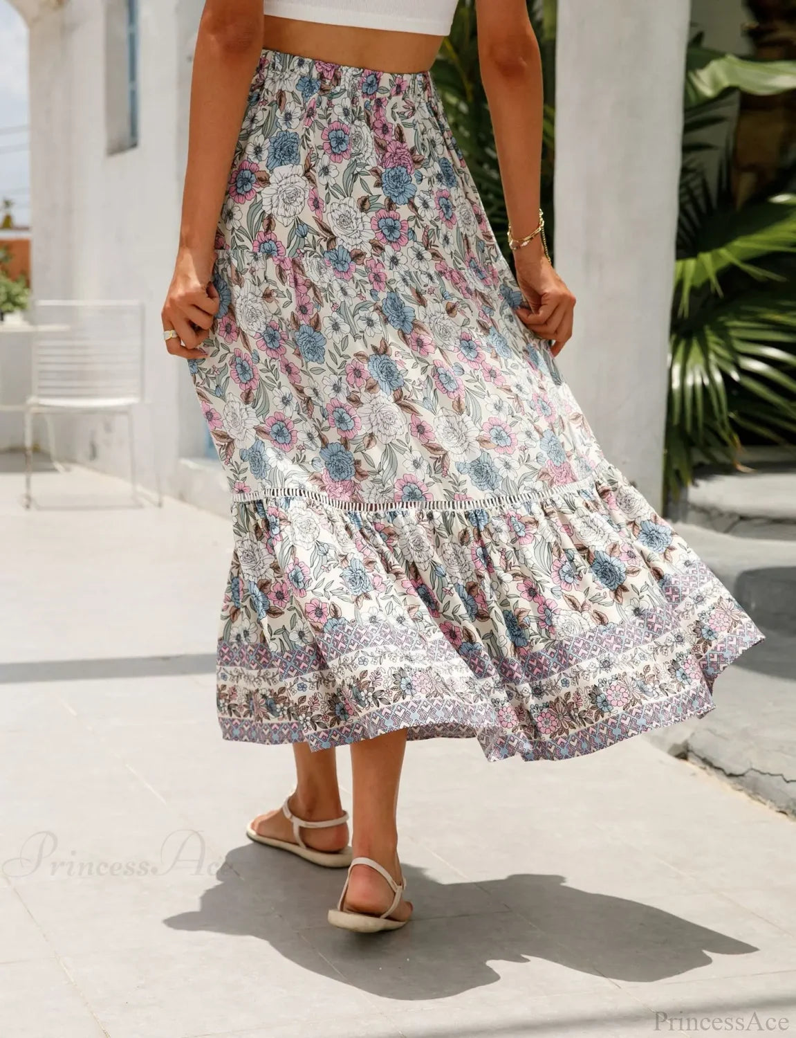 High Waist Floral Beach Skirt A-line Ruffled Lace Holiday Maxi skirt-250126