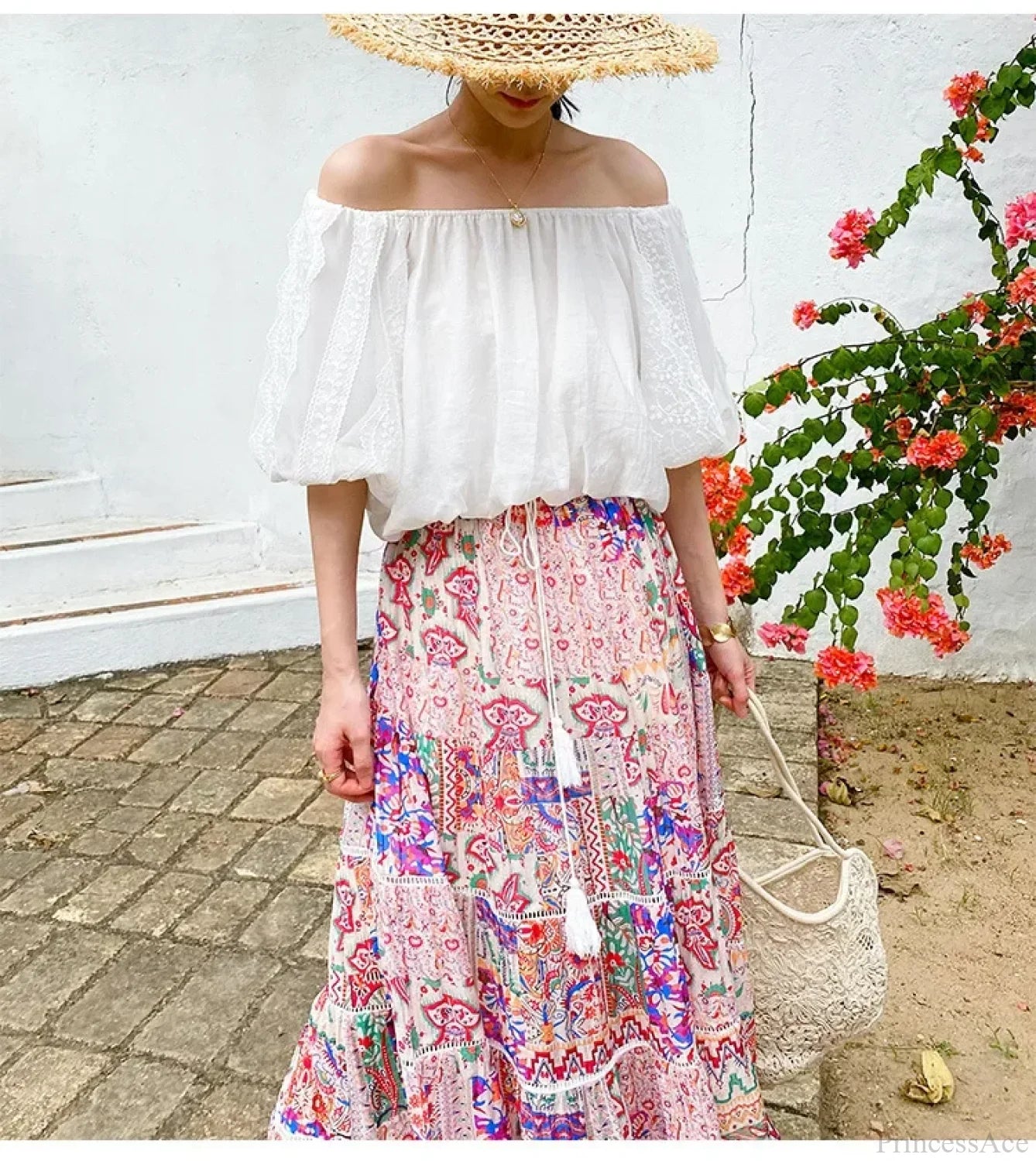 High Waist Floral Beach Skirt Lace Patchwork Chic Cotton Maxi