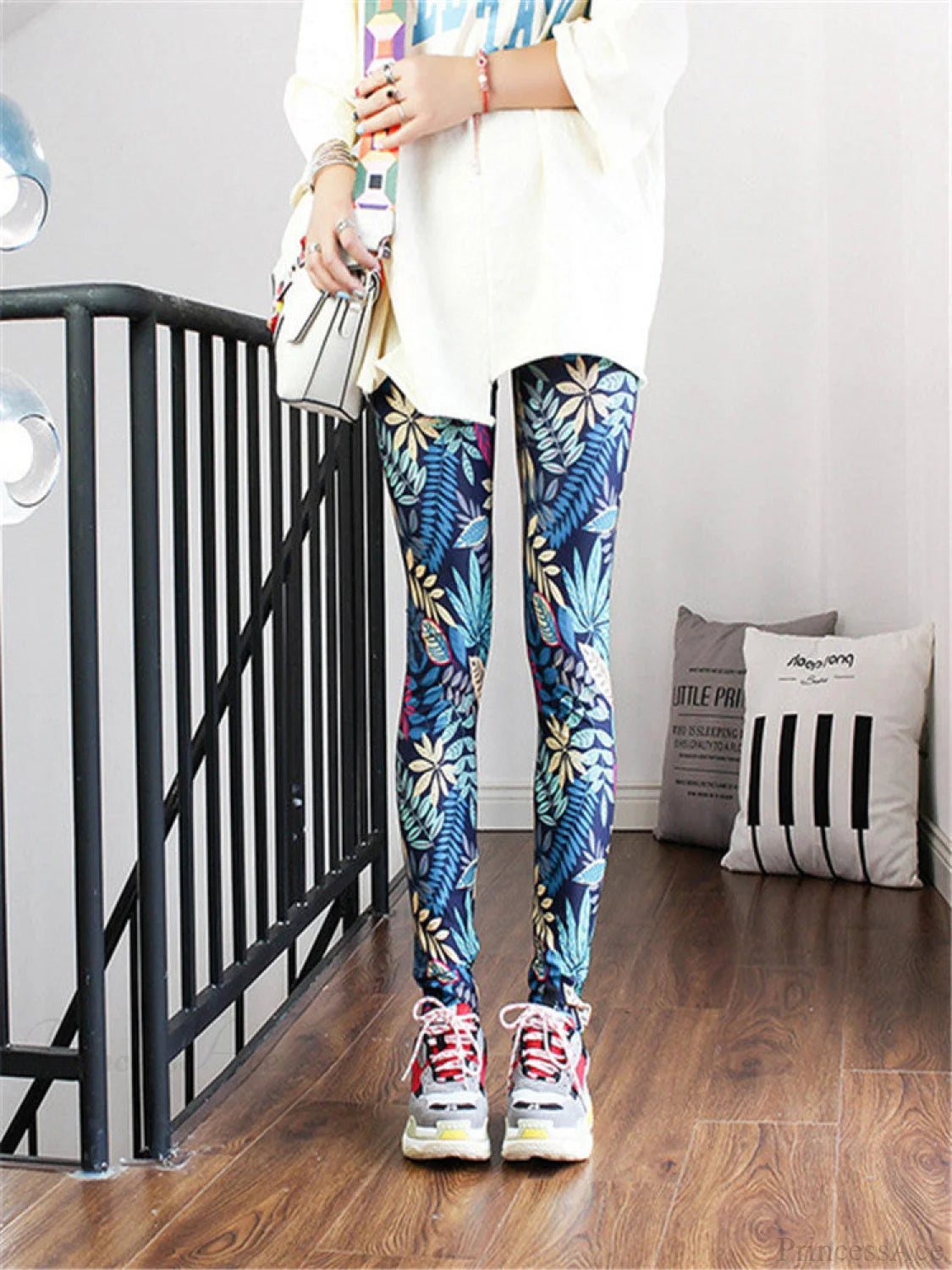 High Waist Leggings Pants Leaf Dark Blue / S