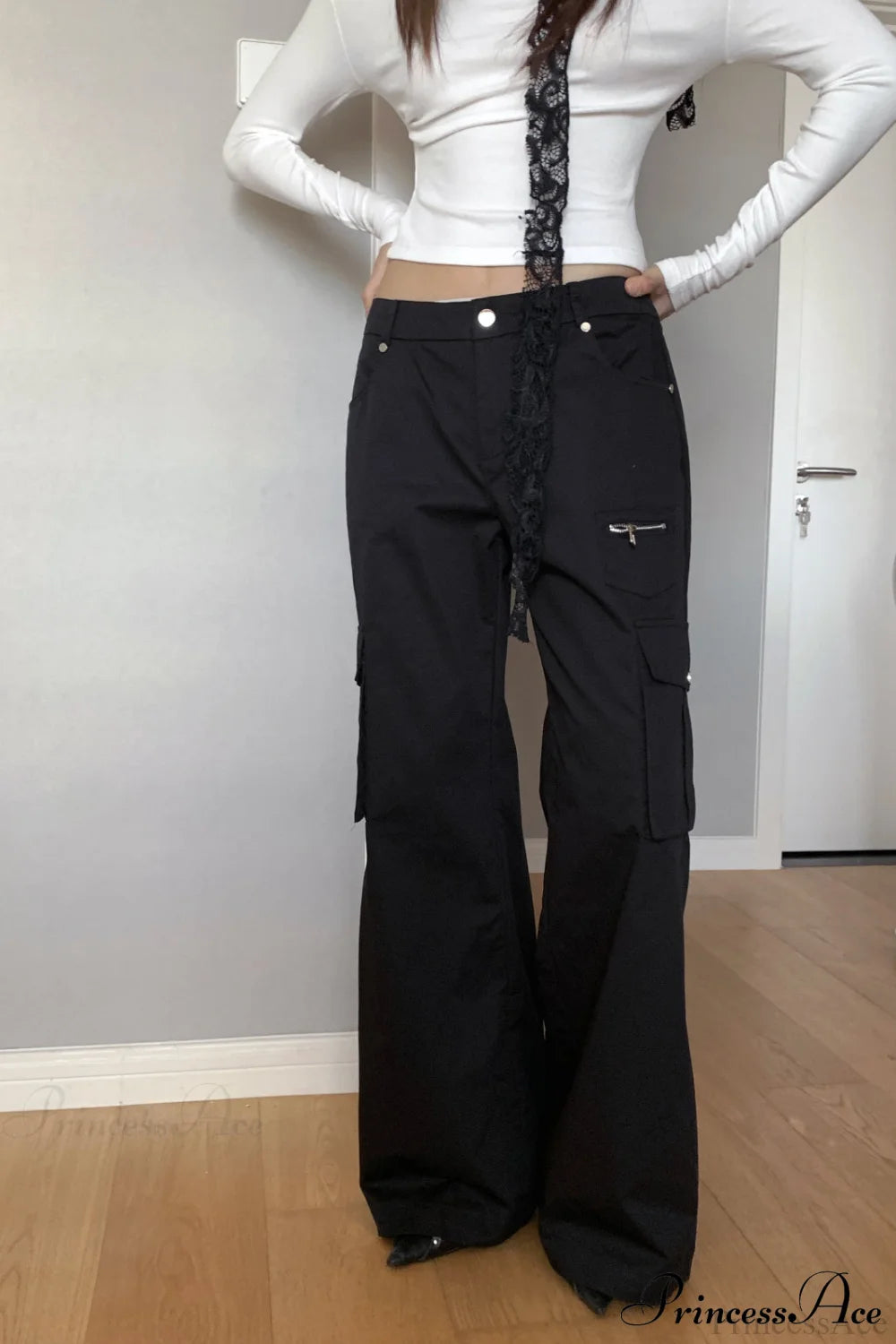 High Waist Loose Multi Pocket Cargo Pants Black / S
