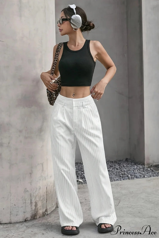 High Waist Patchwork Drapey Straight Leg Pants White / S