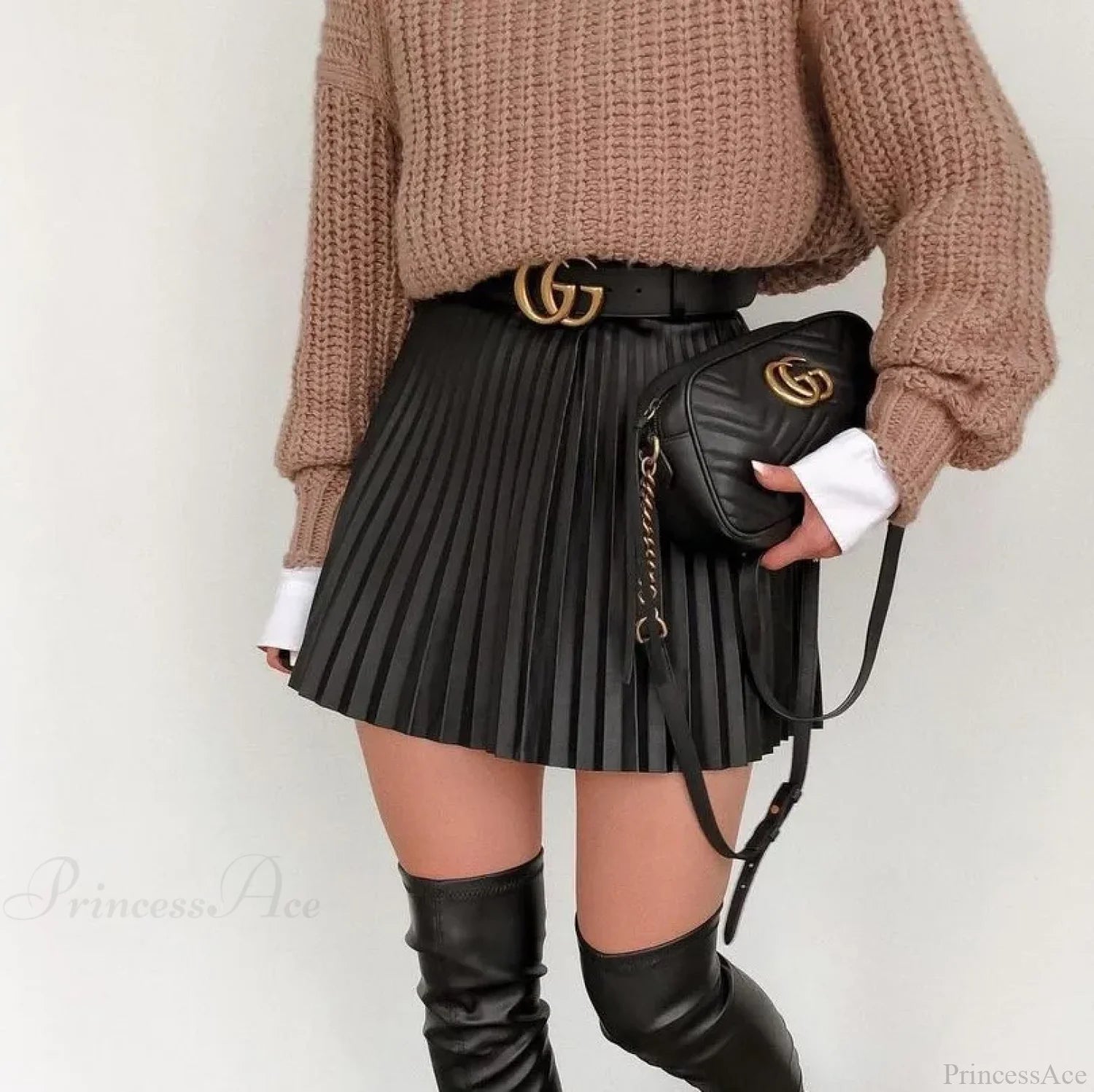 High Waist Pleated Faux Leather Skirt