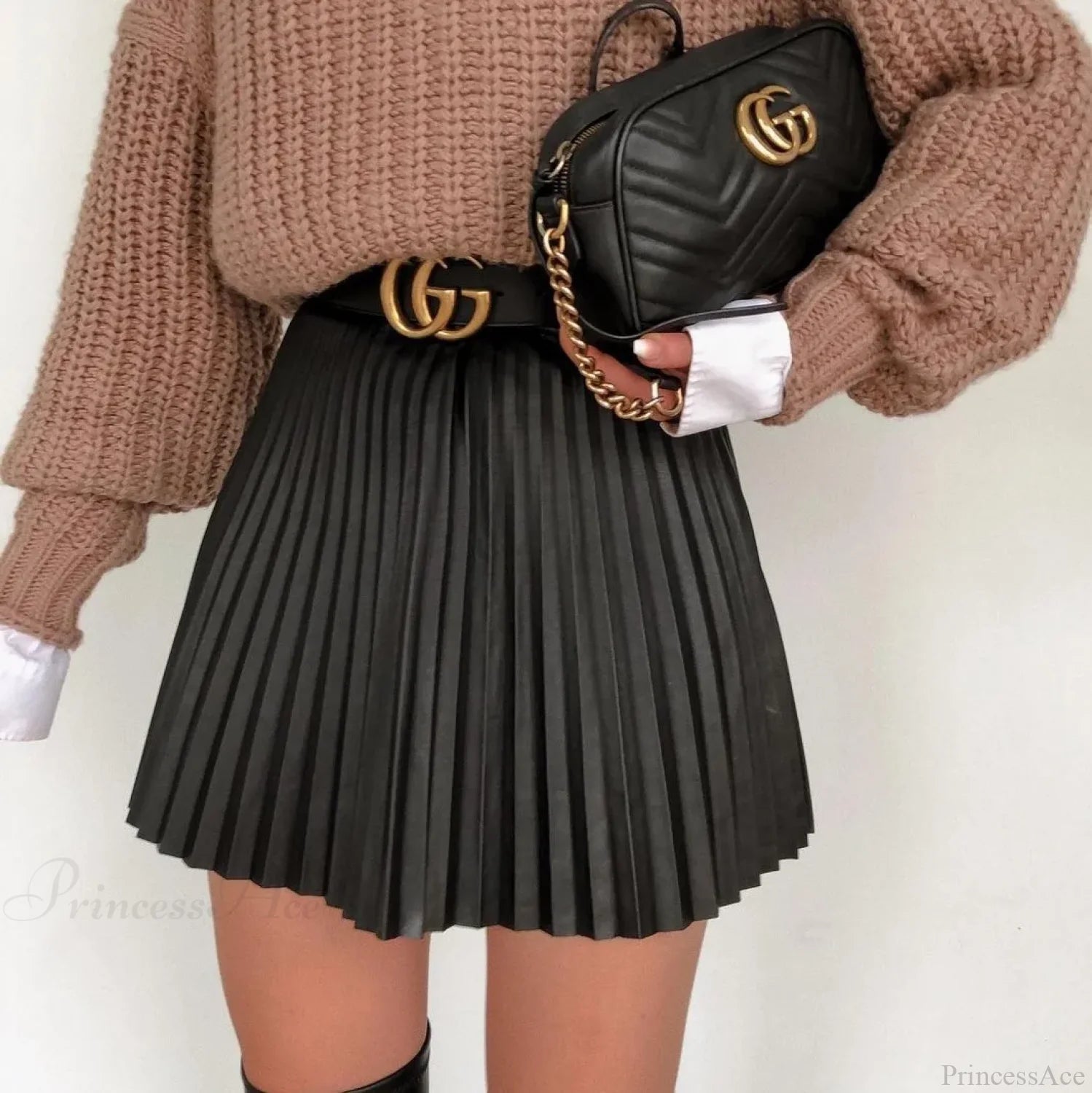 High Waist Pleated Faux Leather Skirt Black / S