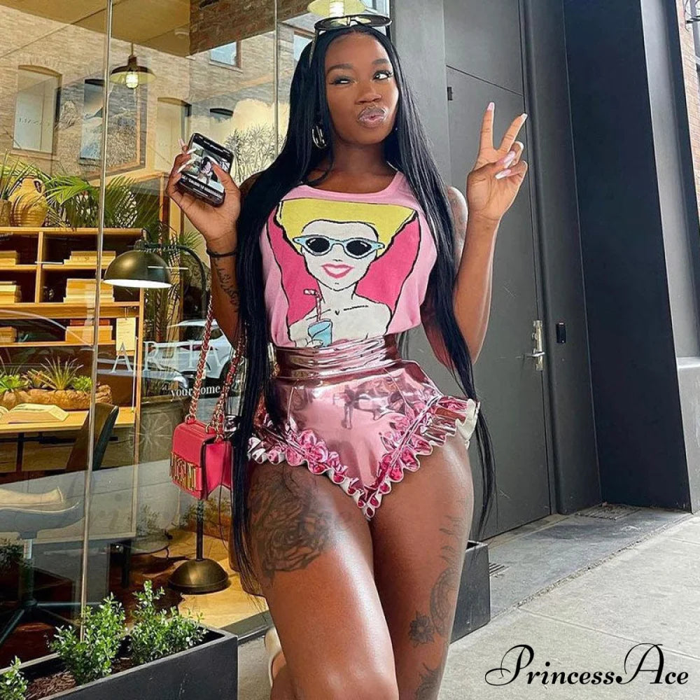 High Waist Ruffle Wide Modern Leg Shorts - Gold M / Pink