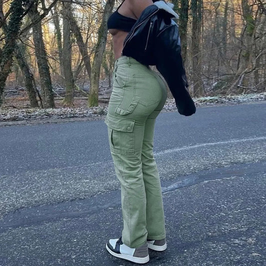 High Waist Slim Fit Cargo Pants Green / S