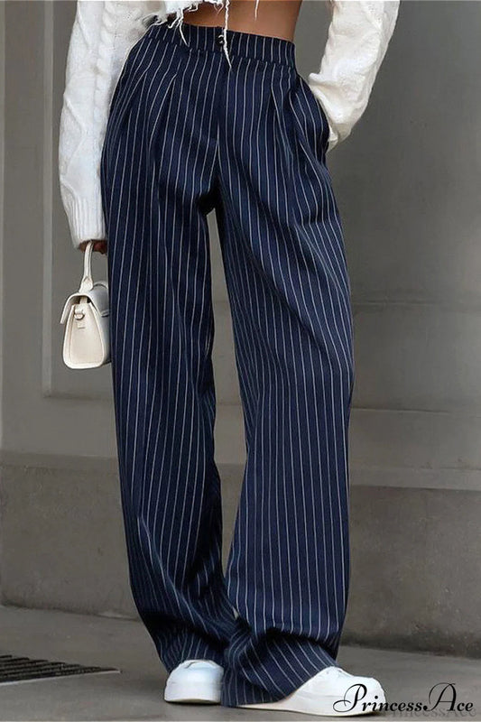 High Waist Straight Wide Leg Navy Stripe Pants Blue / S