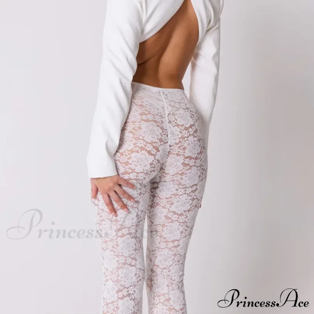 High Waist Stylish Sheer Lace Pants Ankle Length