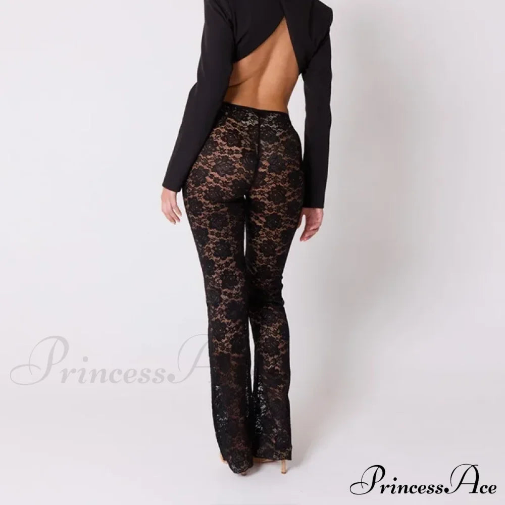 High Waist Stylish Sheer Lace Pants Ankle Length