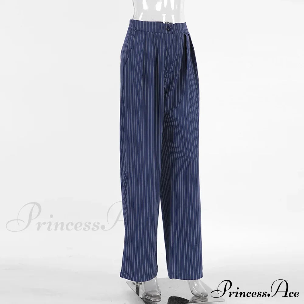 High Waisted Straight Leg Wide Navy Striped Casual Pants