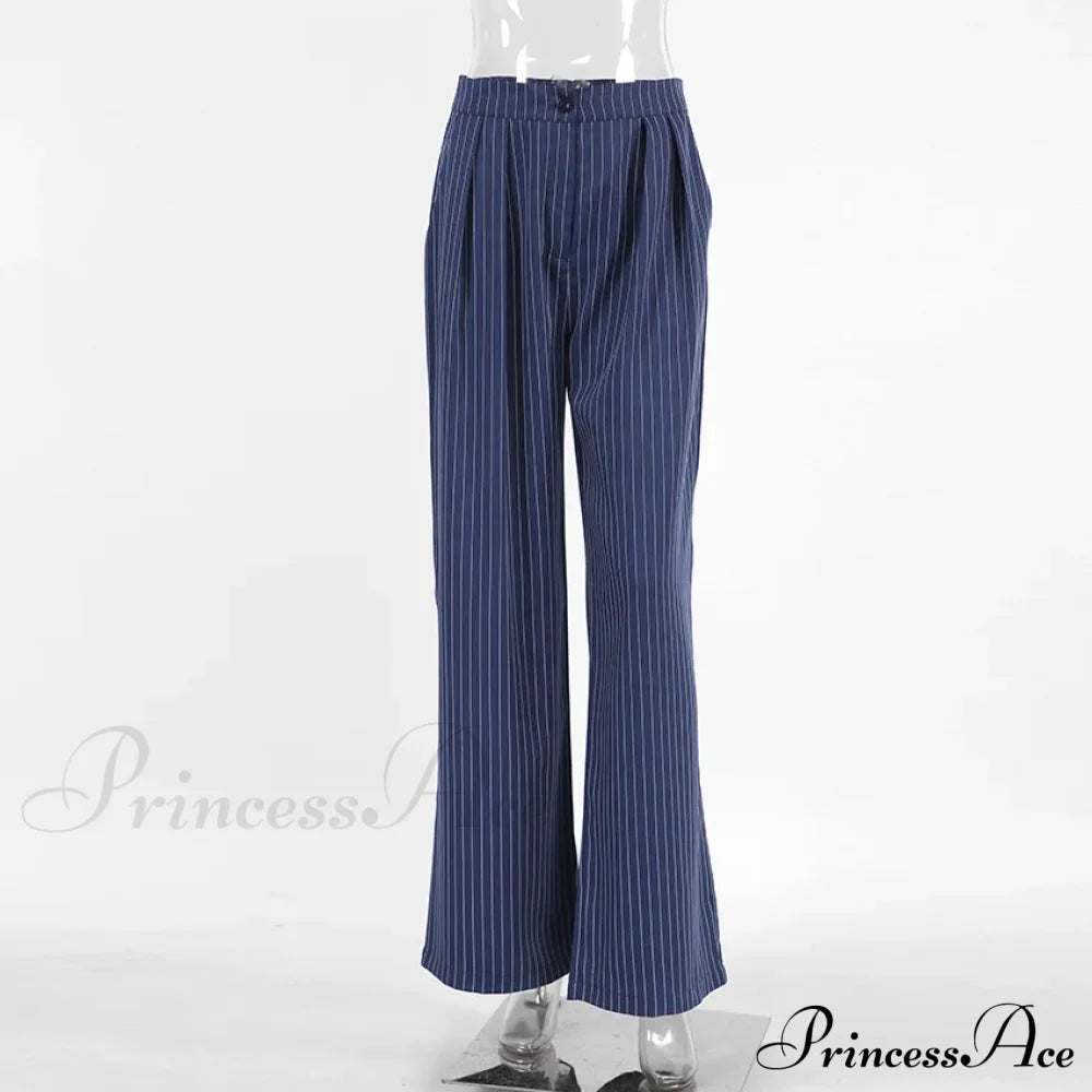 High Waisted Straight Leg Wide Navy Striped Casual Pants