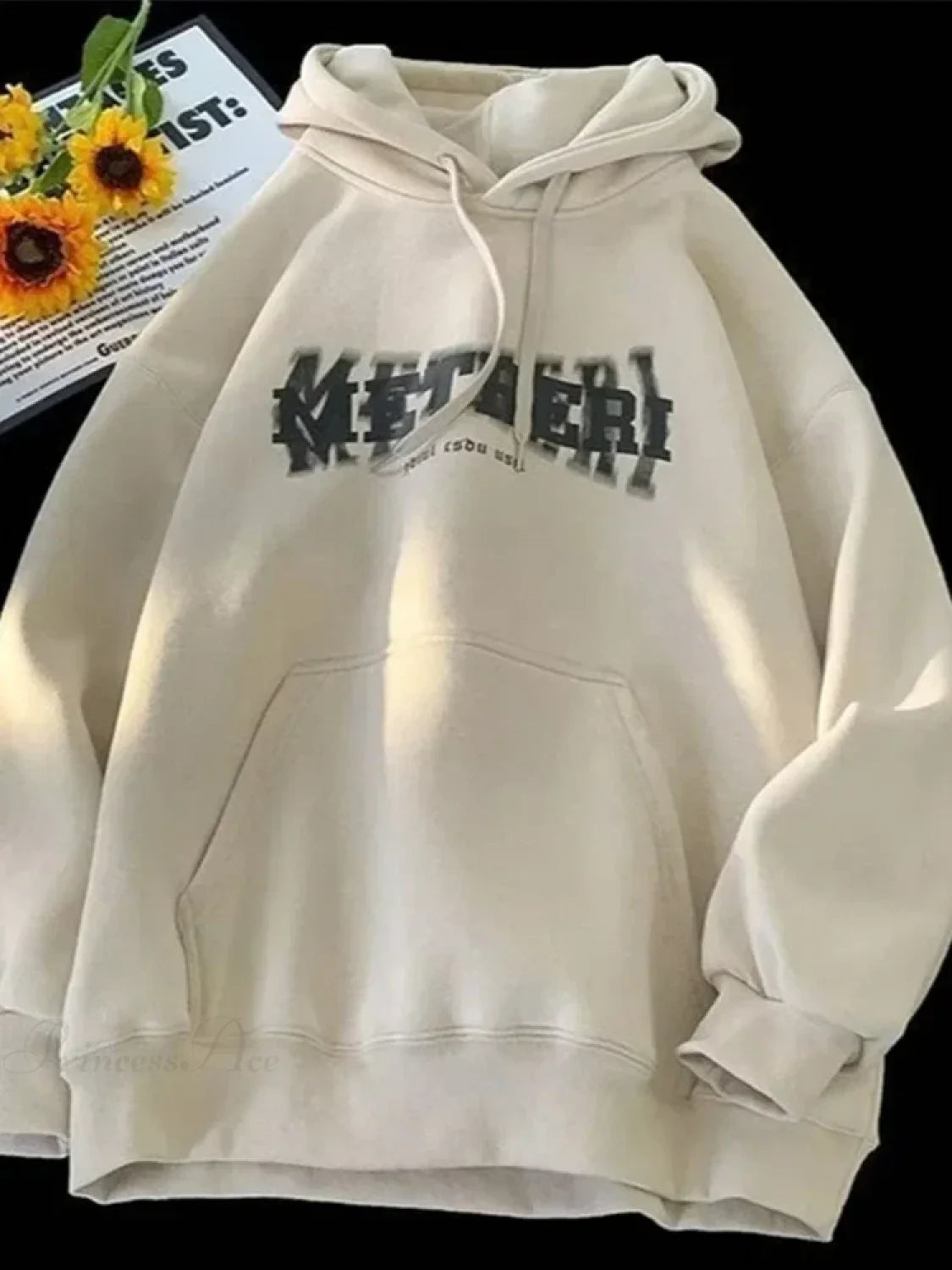 Hip Hop Letter Print Cotton Fleece Hoodie apricot / M(40-45KG)