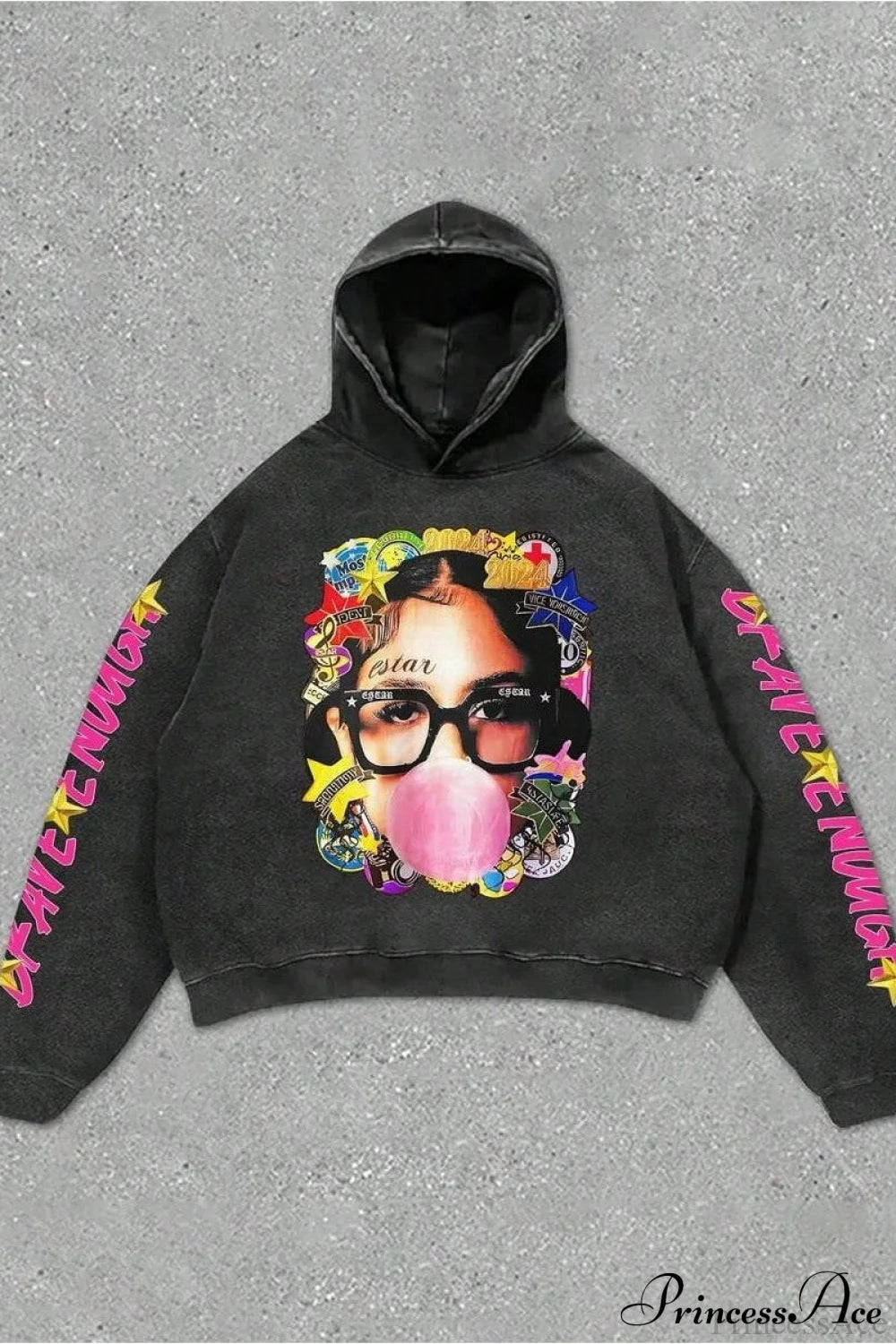 Hip-Hop Rock Character Letter Print Loose Hoodie Black / S
