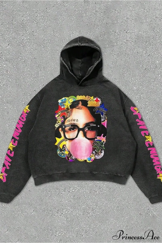 Hip-Hop Rock Character Letter Print Loose Hoodie Black / S