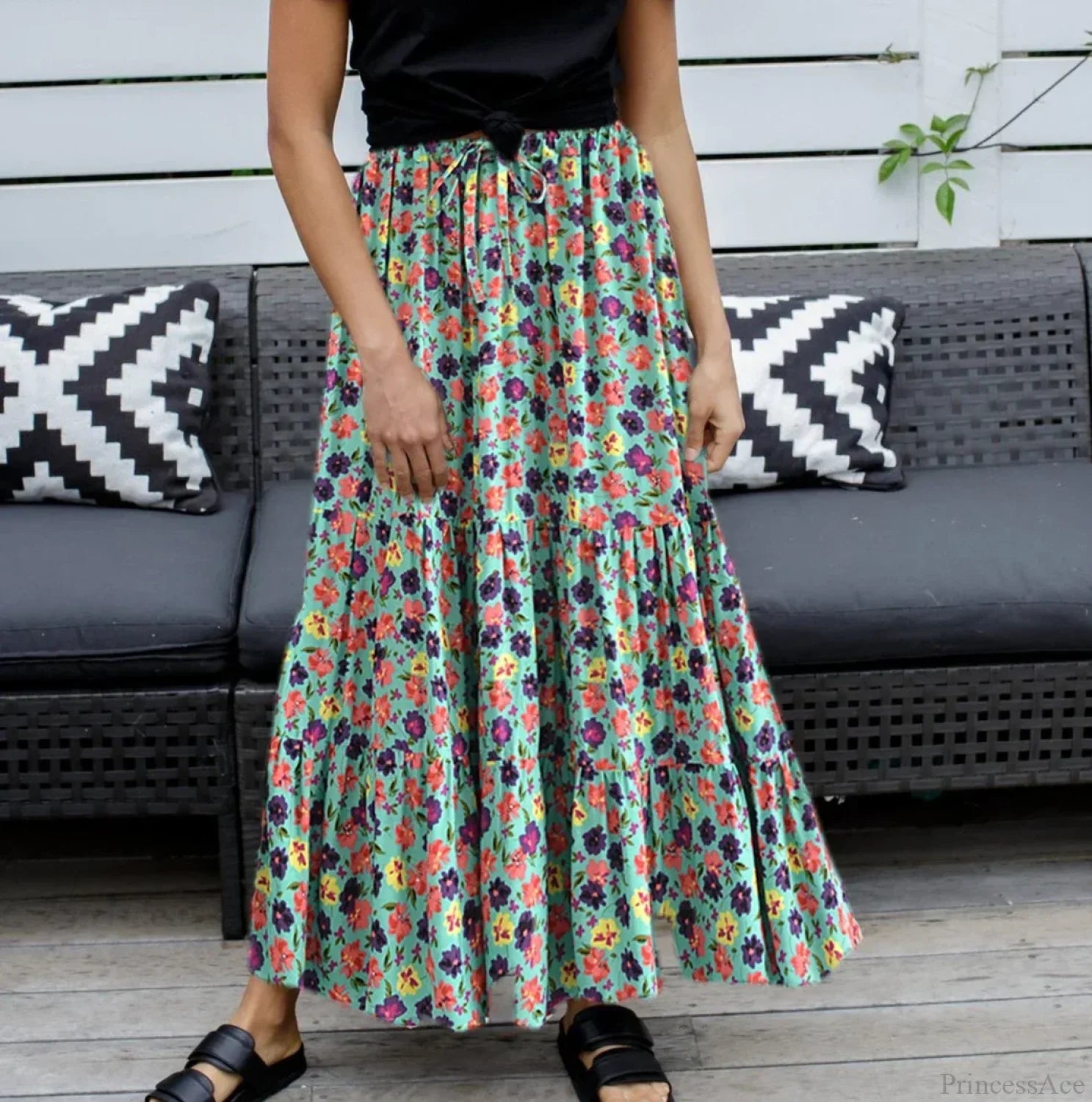 Hippie Fashion Women Beach Bohemian Red Floral A-Line Boho Skirt Green / S skirt-250126