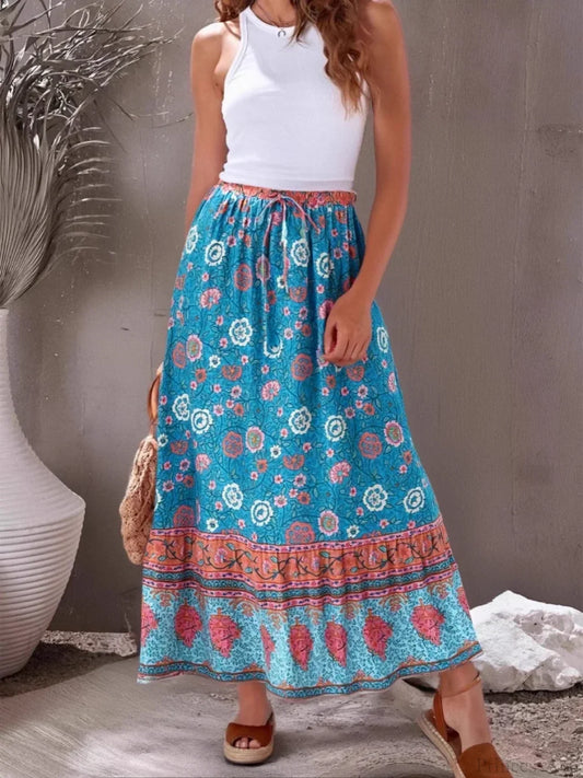 Hippie Vintage Floral Tassel Beach Bohemian High Waist Maxi Skirt Blue / S skirt-250126