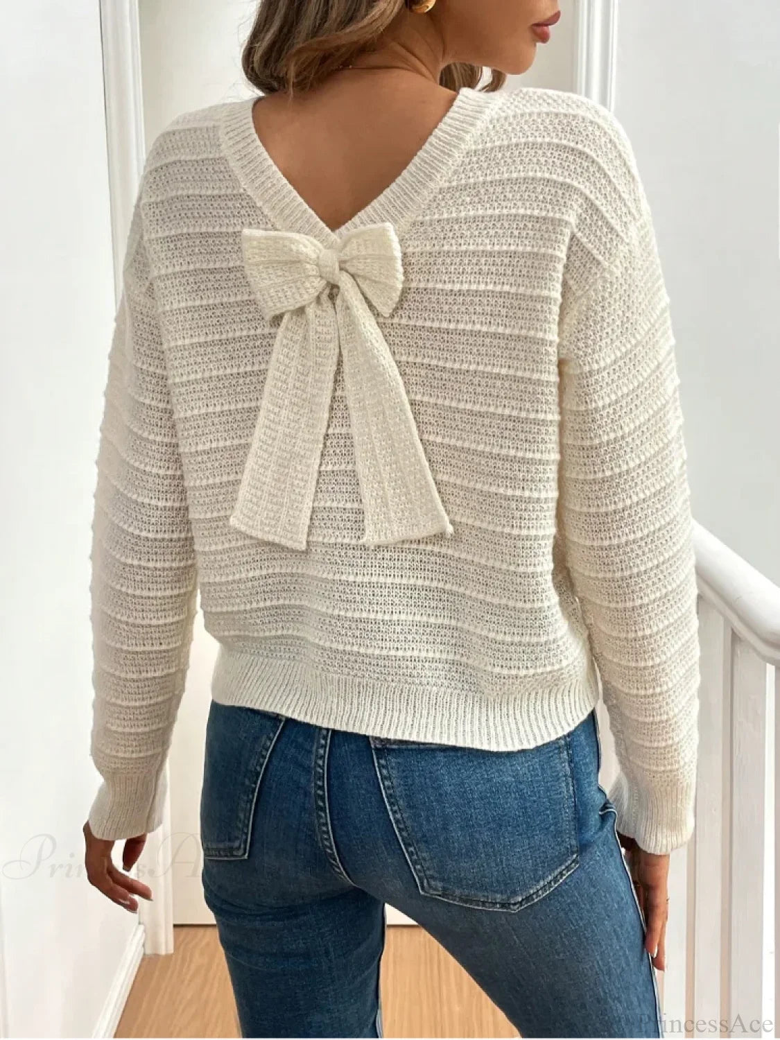 Hollow Bow Striped Long Sleeve Sweater
