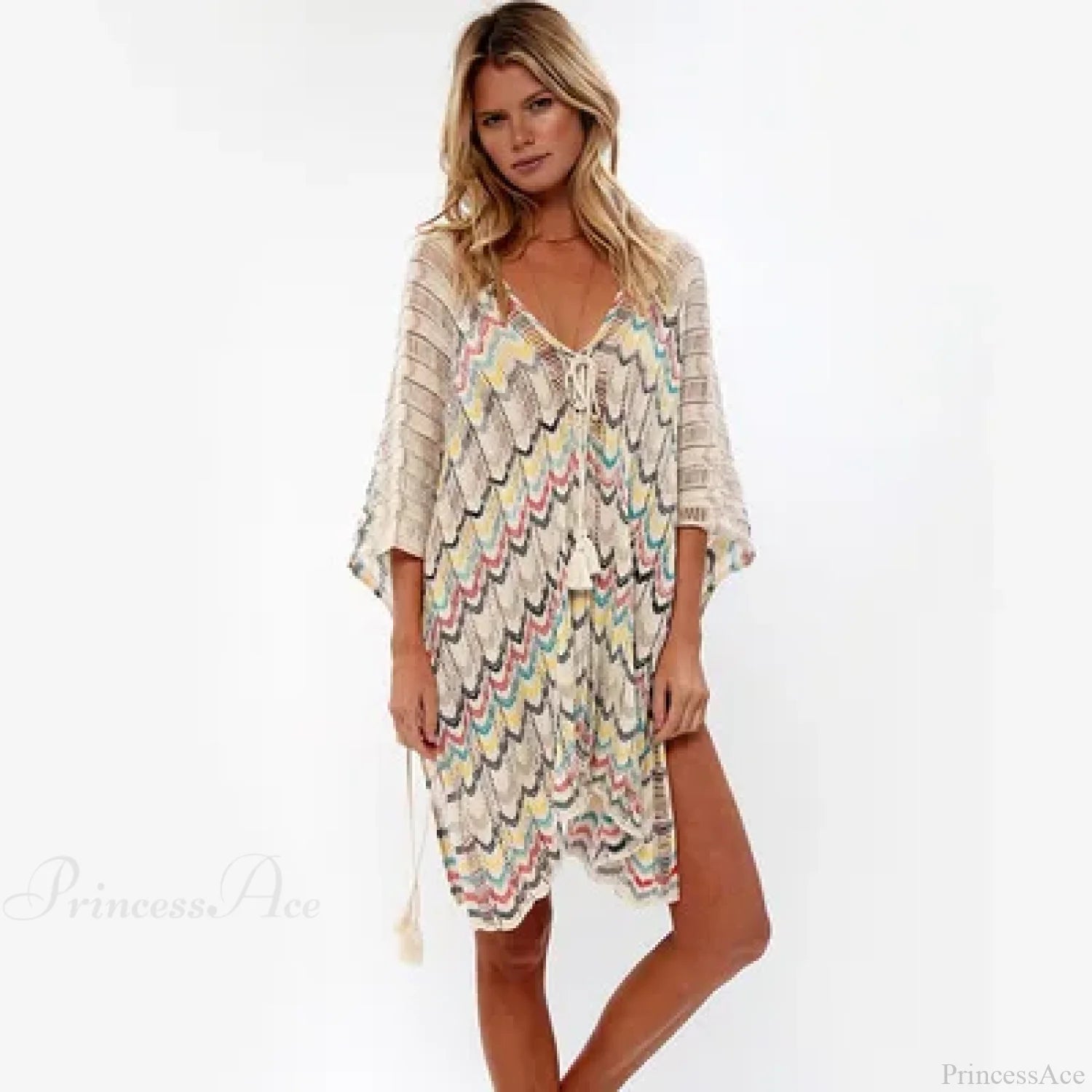 Hollow Deep V-neck Lace Up Tunic Mini Dress Beige / One Size bohodress-250126