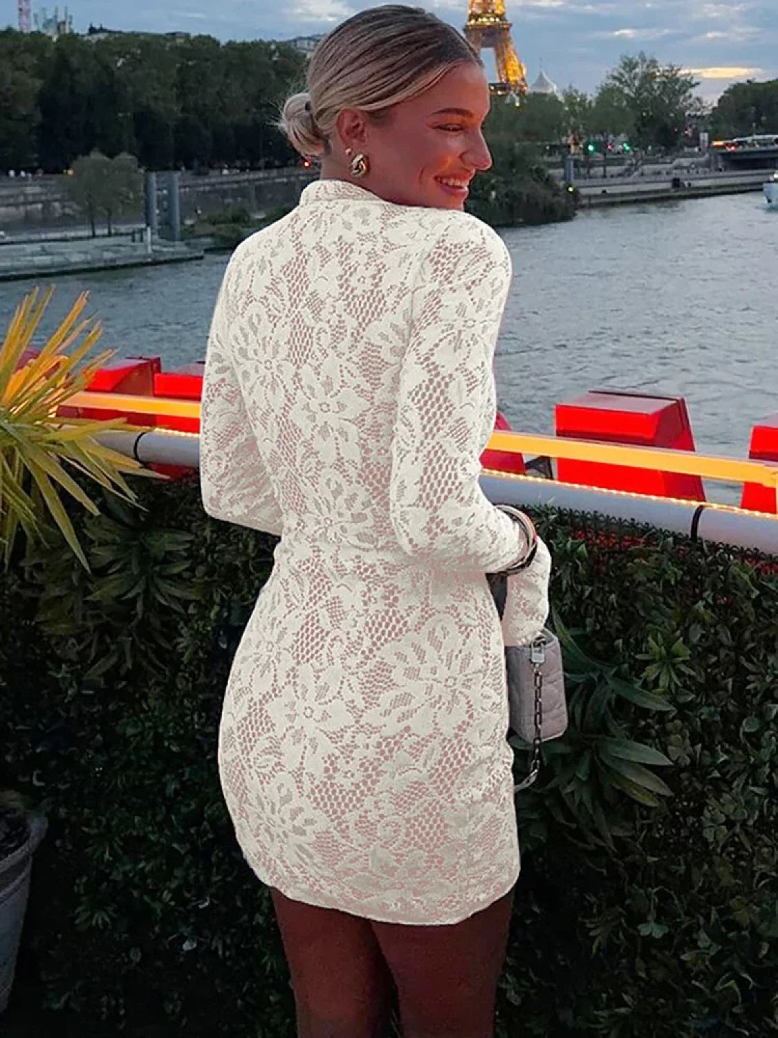 Hollow Lace Flare Sleeve Vacation Dress vacationdress-250223