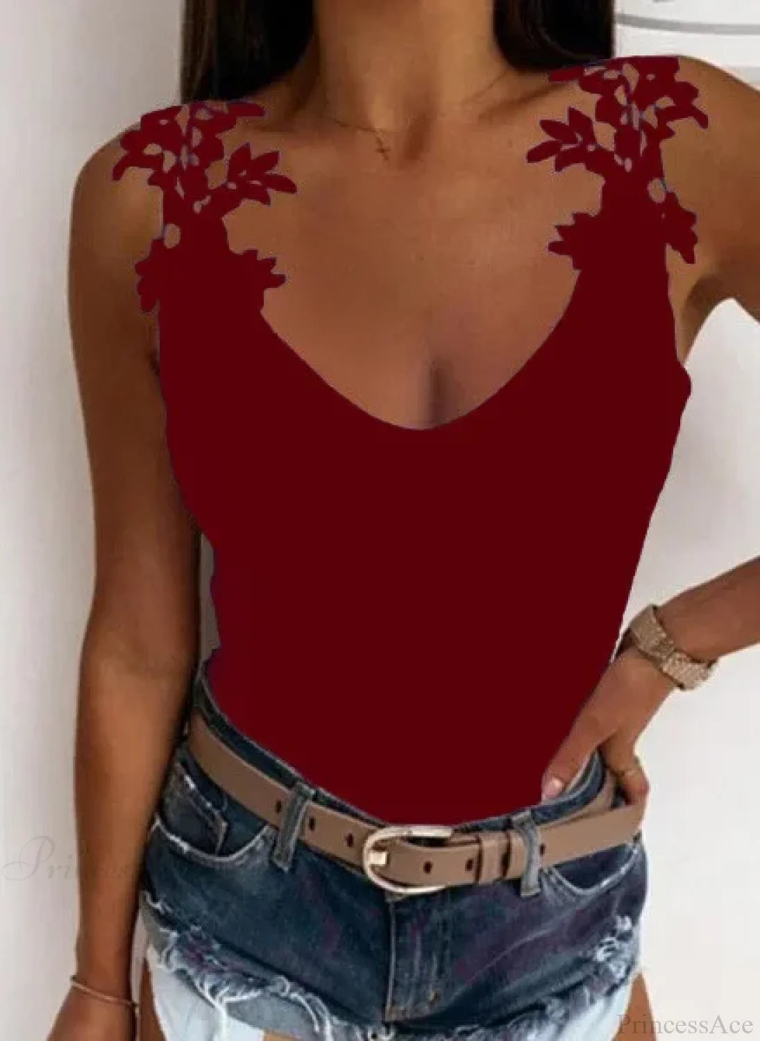 Hollow Lace Petal V-Neck Oversize Casual Slim Fit Tank Top Wine red / S croptop-250126