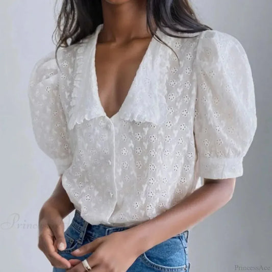Hollow Lace Puff Sleeve Peter Pan Collar Blouse blouse-250126
