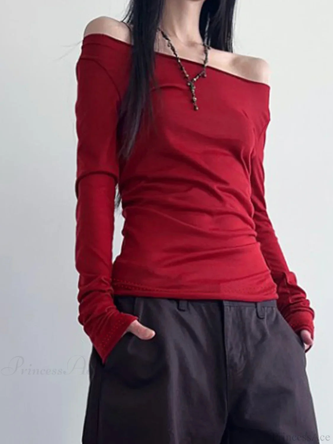 Hollow Out Bandage Slim Backless Slash Neck Long Sleeve Knit Top Red / S knittop-250126