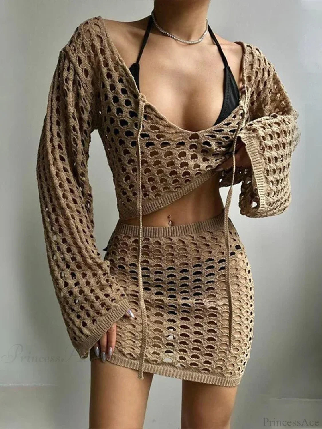 Hollow Out Beach Wrap Bikini Cover Up Dark Brown / S