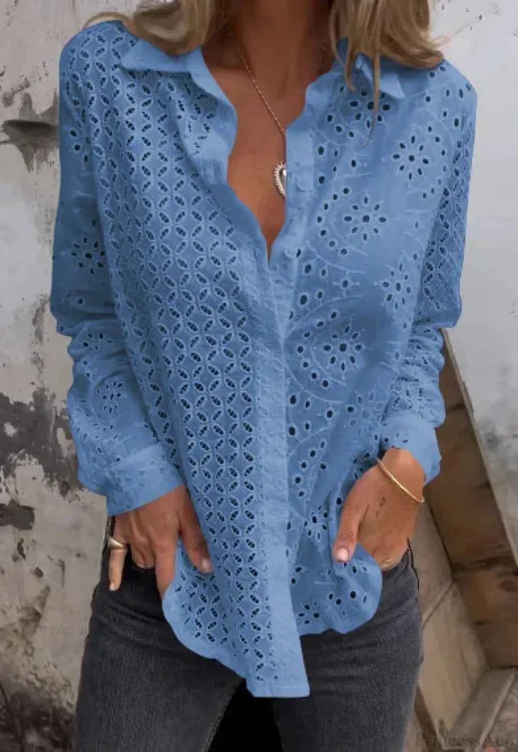 Hollow Out Cotton Floral Embroidery Long Sleeve Boho Blouse Blue / S bohoblouse-250126