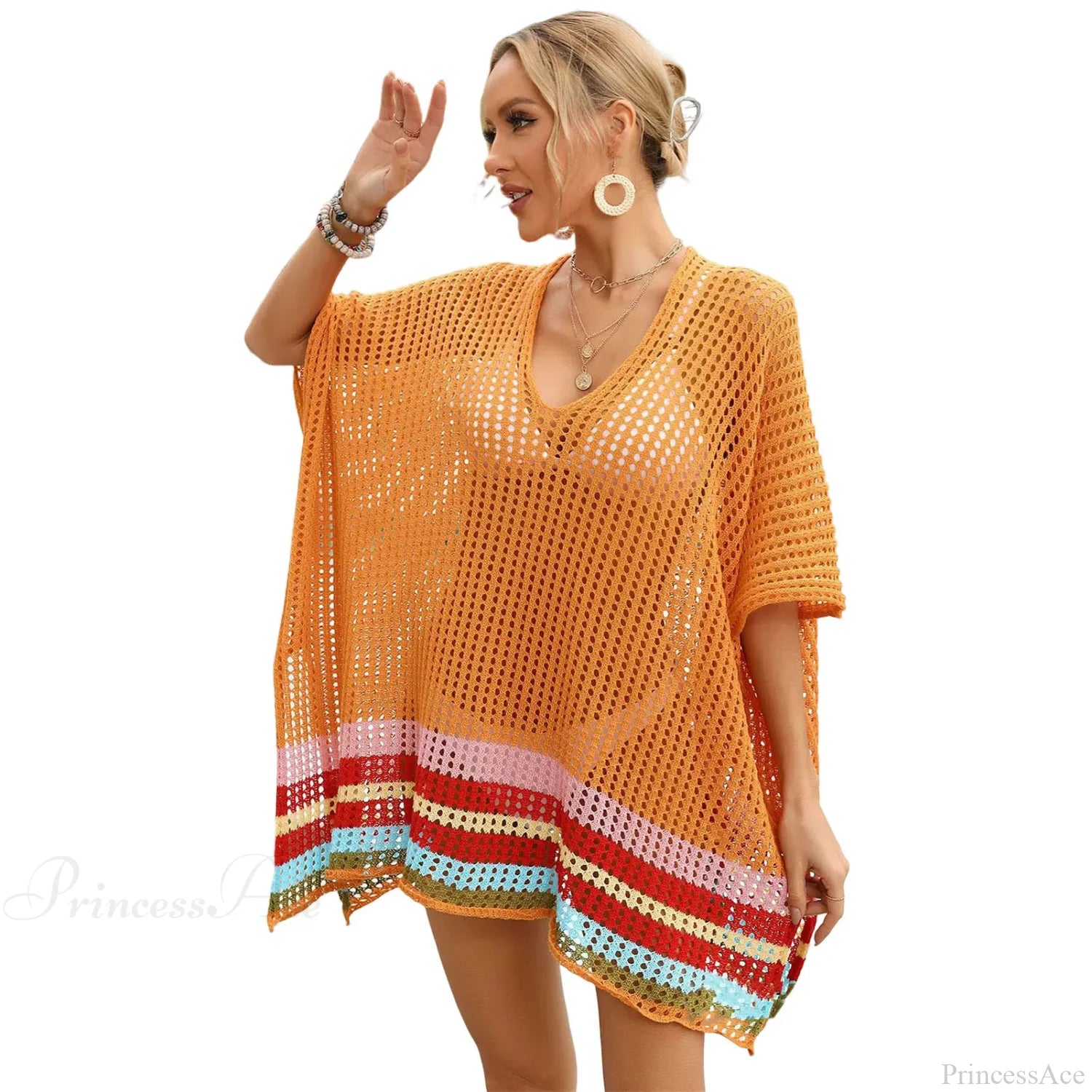 Hollow Out Crochet Bikini Cover Up C-Orange / One Size