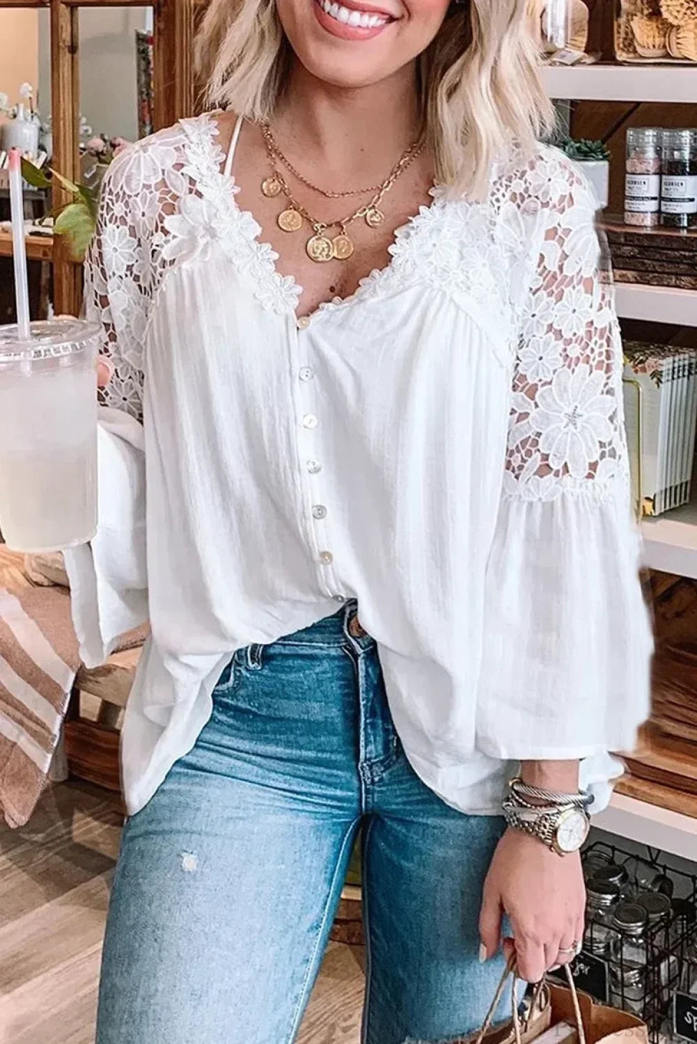 Hollow Out Deep V-Neck Flare Sleeve Boho Blouse White / S bohoblouse-250126