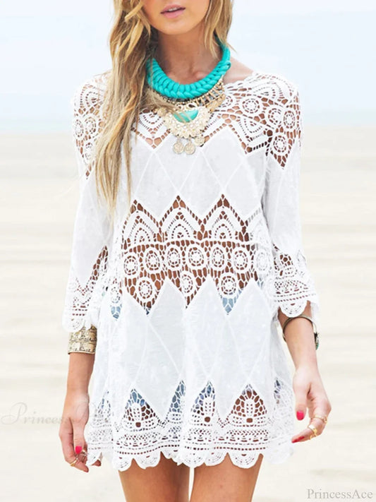Hollow Out Half Sleeve Beach Cover Up WHITE / One Size