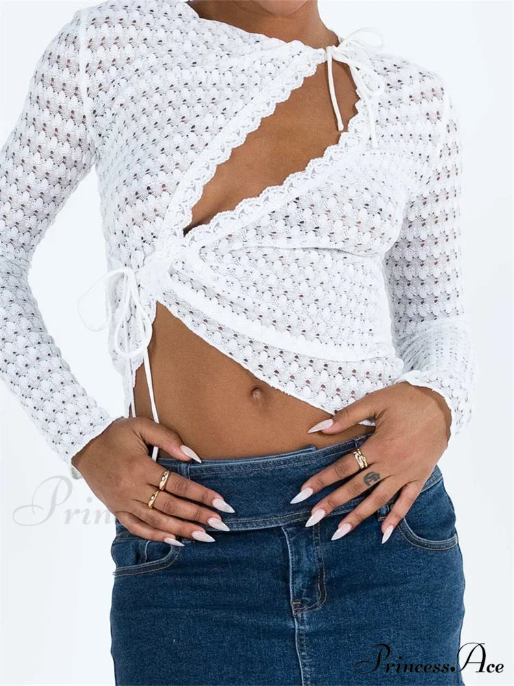 Hollow Out Irregular Hem Retro Ruched T-Shirts White / S