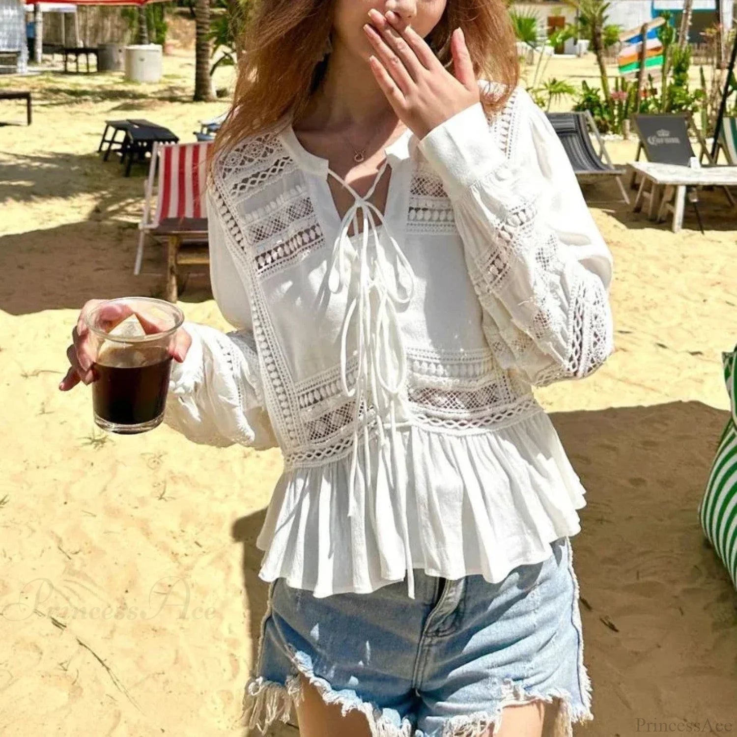 Hollow Out Lace Ethnic Long Sleeve Ruffles Boho Blouse