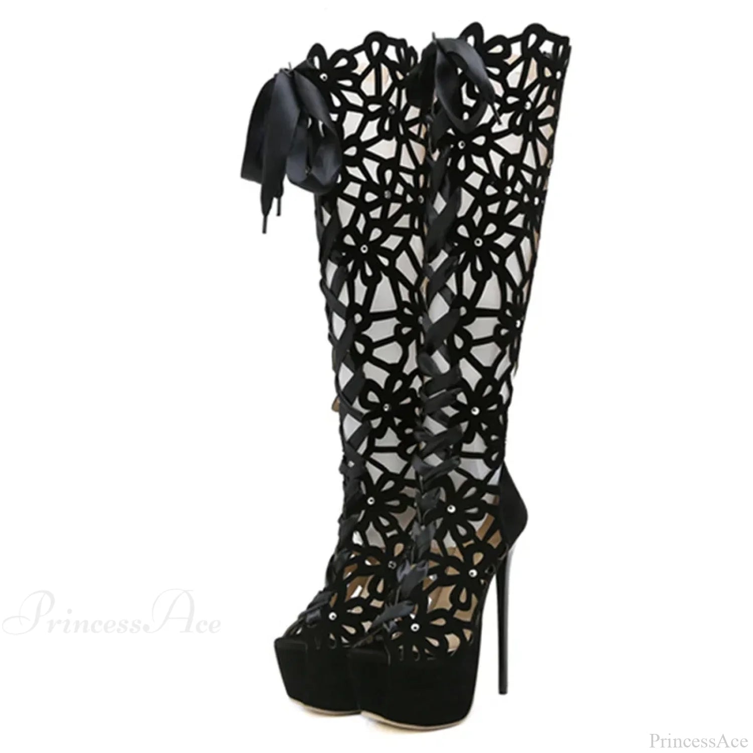 Hollow-Out Lace-Up Platform Knee-High Sexy Sandals Cross-Tie Peep-Toefashionable High Heel Black /
