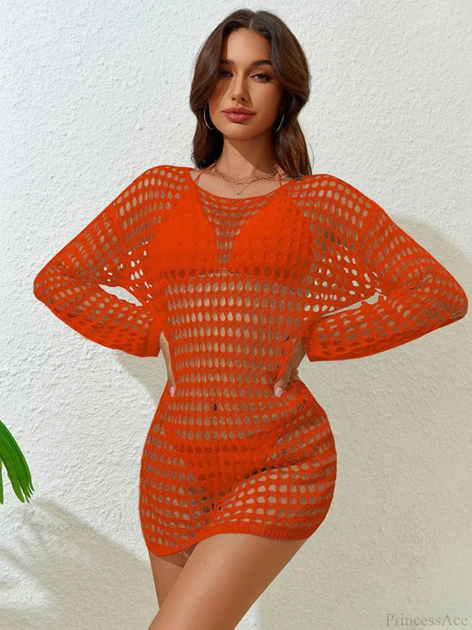 Hollow Out Long Sleeve Bikini Cover Up Orange / One Size
