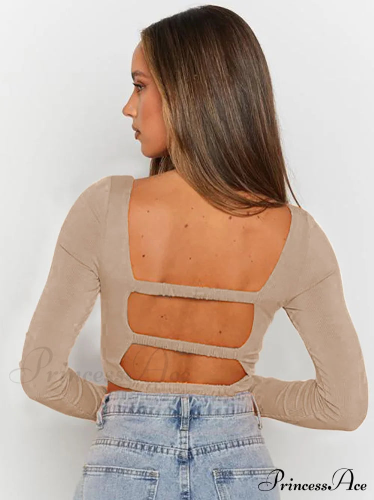 Hollow Out Long Trendy Sleeve Knit Crop Top Tops