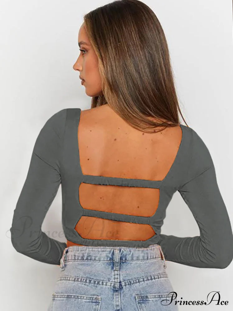 Hollow Out Long Trendy Sleeve Knit Crop Top Tops