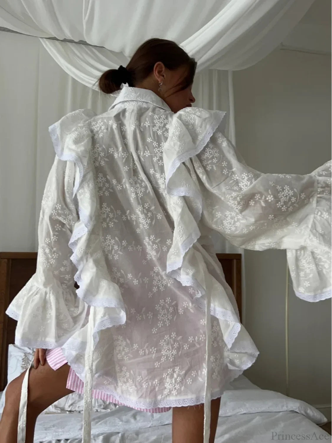 Hollow Out Lotus Leaf Edge White Blouse blouse-250223