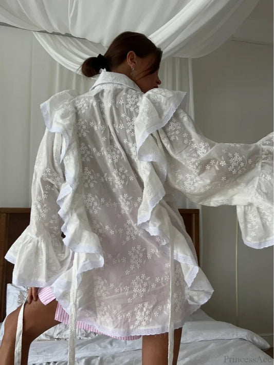 Hollow Out Lotus Leaf Edge White Blouse blouse-250223