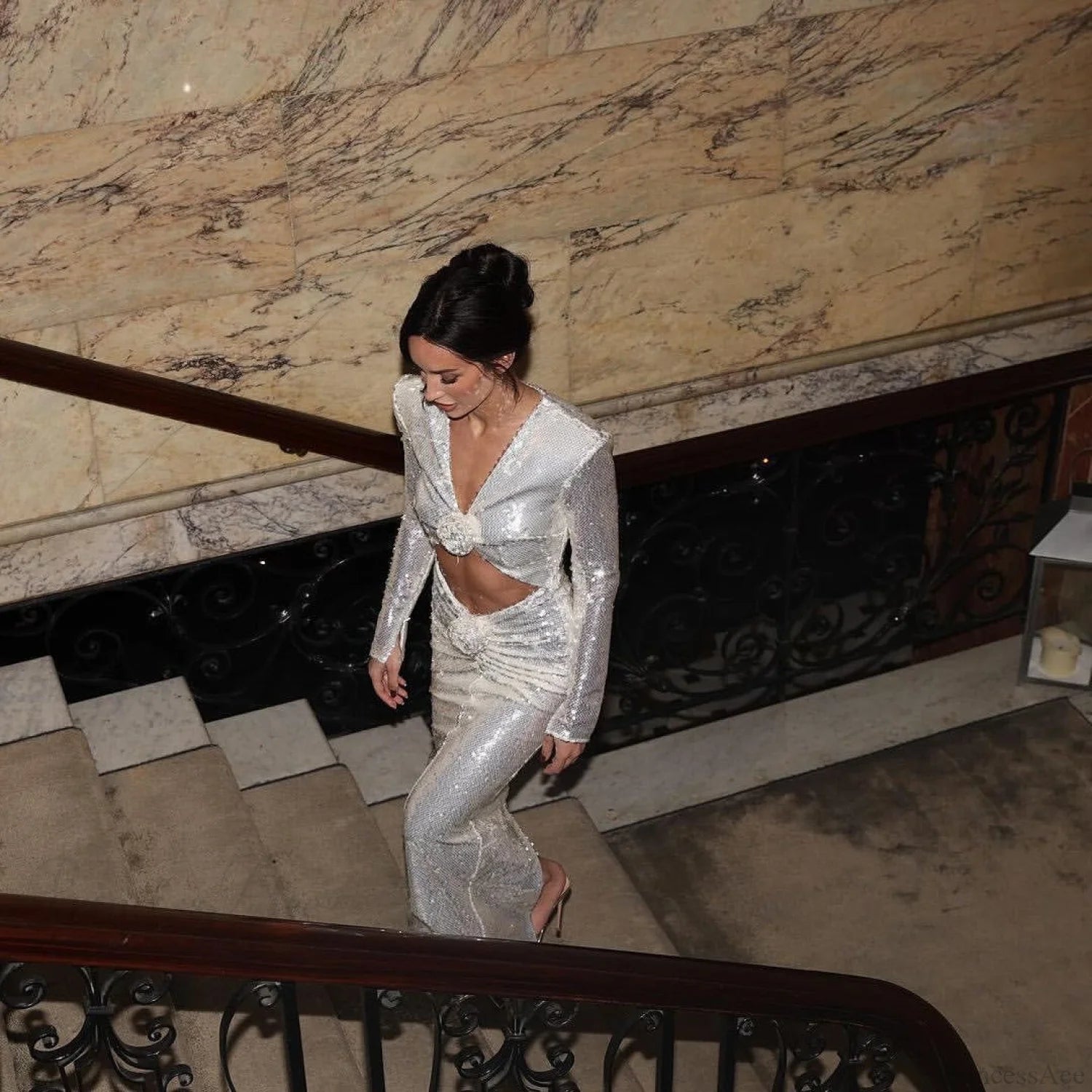 Hollow Out Sequin Deep V Maxi Prom Dress apricot / XS promdress-250223