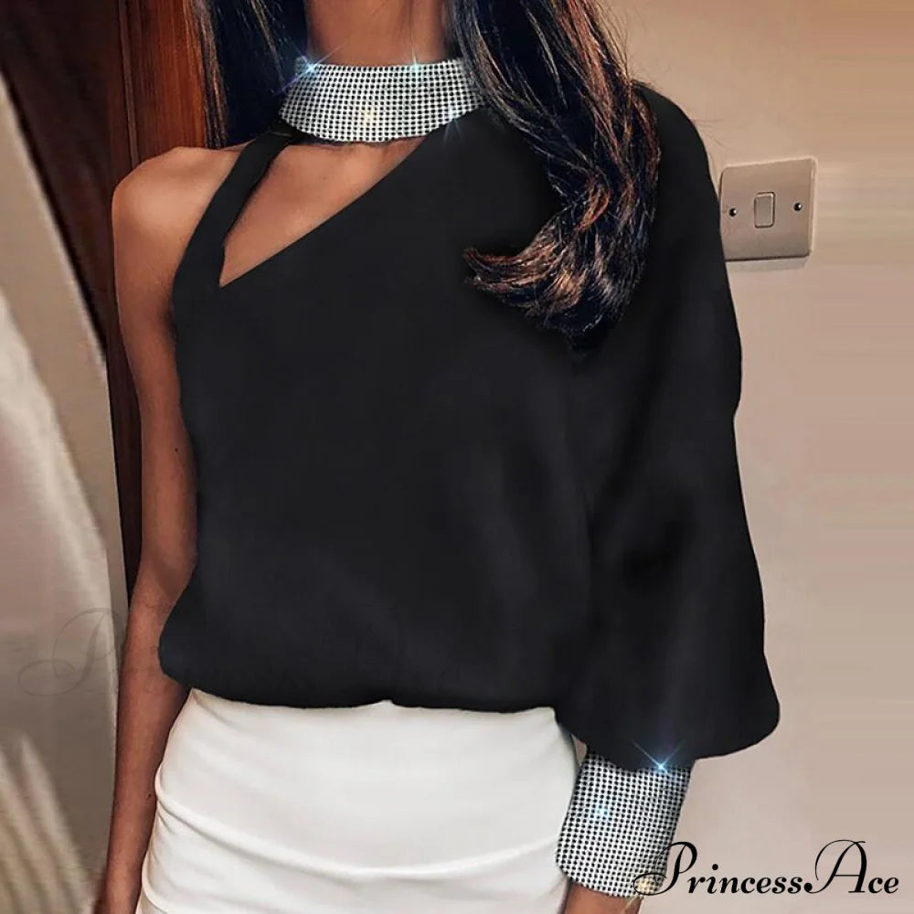 Hollow Out Sequin Off Shoulder Lantern Long Sleeve Blouse