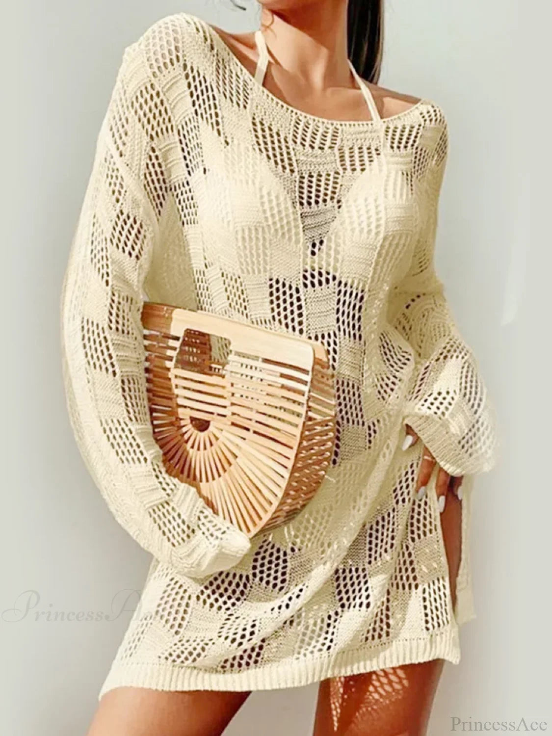 Hollow Out Slit Cut Long Sleeve Bikini Cover Up APRICOT / One Size