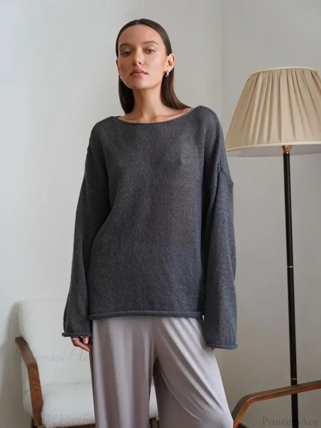 Hollow See-through O-neck Long Sleeve Sweater Dark Gray / S