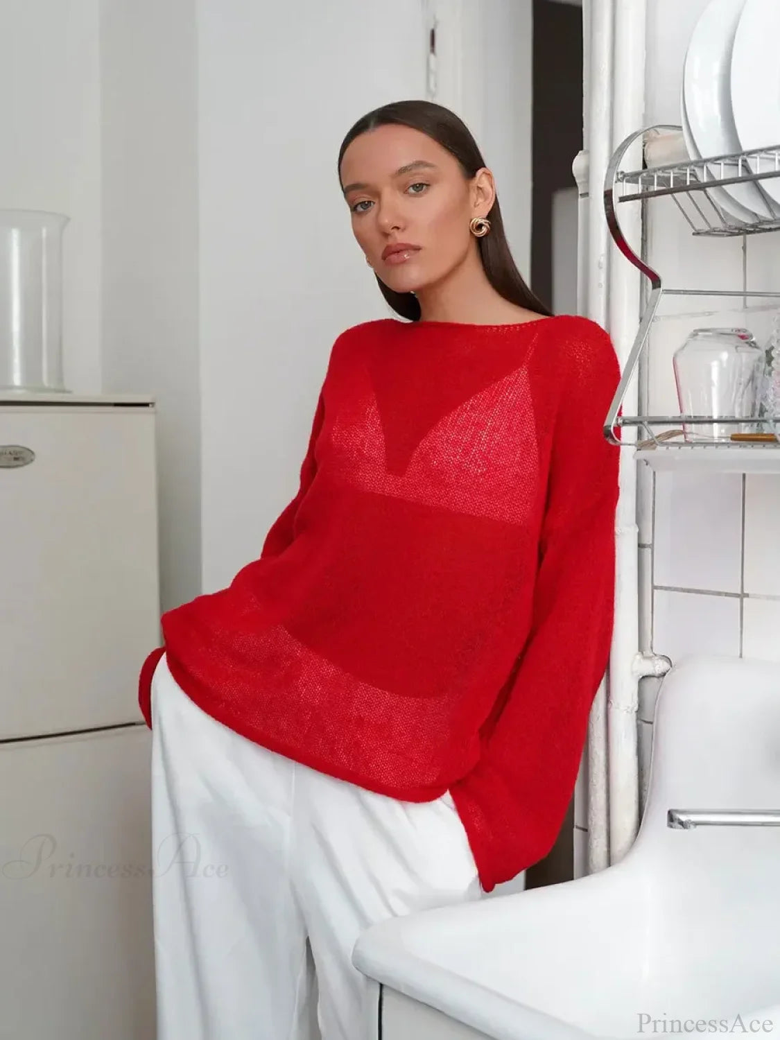 Hollow See-through O-neck Long Sleeve Sweater Red / S
