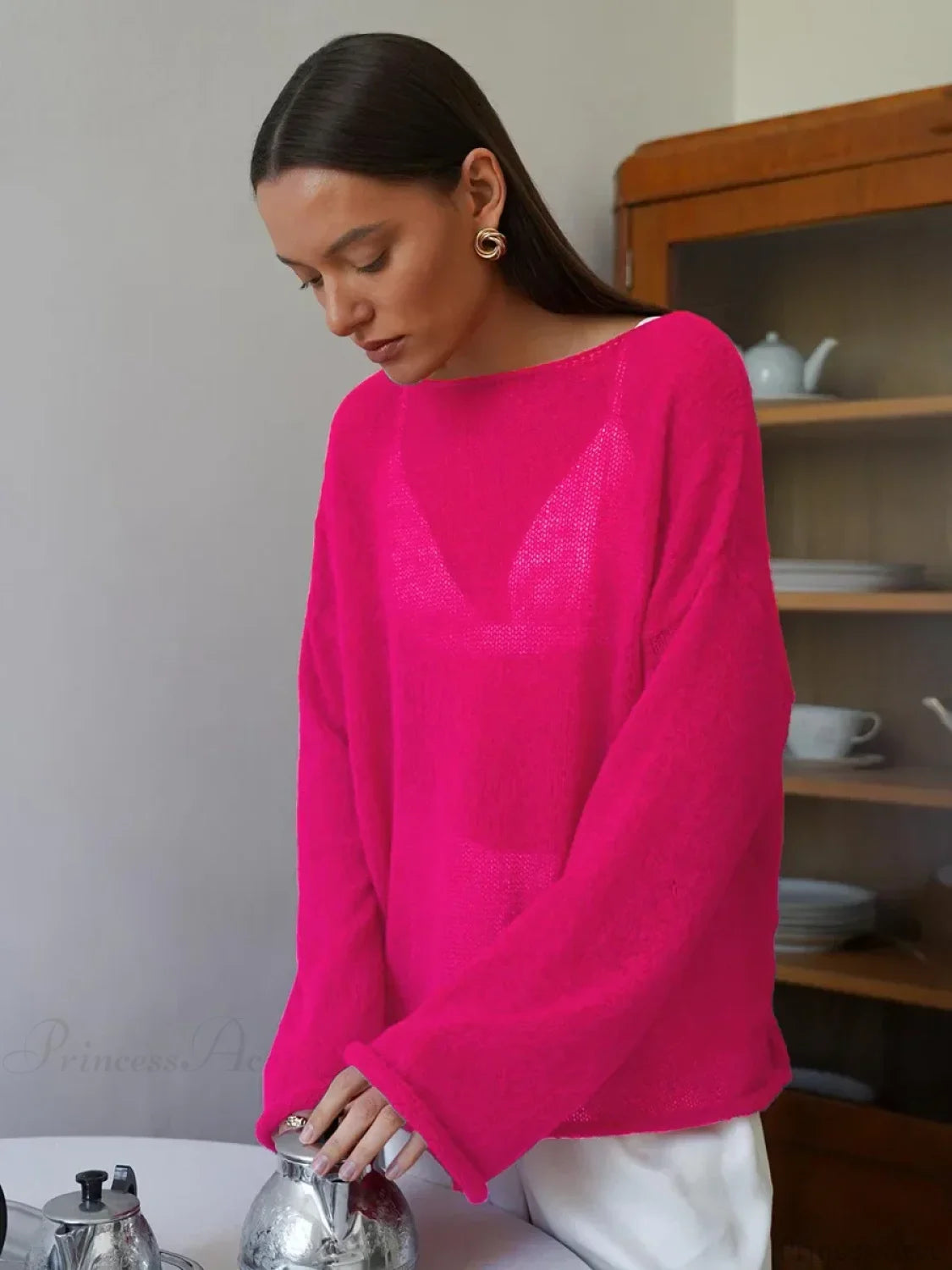 Hollow See-through O-neck Long Sleeve Sweater Rose Red / S