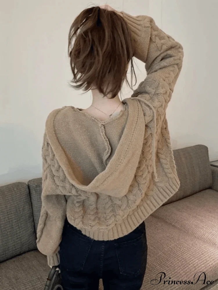 Hooded Cable Knit Trendy Long Sleeve Mini Dress Sweaters