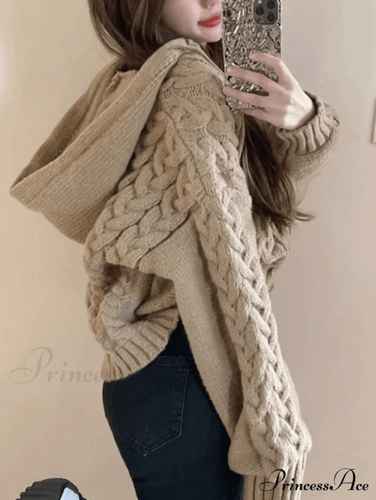 Hooded Cable Knit Trendy Long Sleeve Mini Dress Sweaters