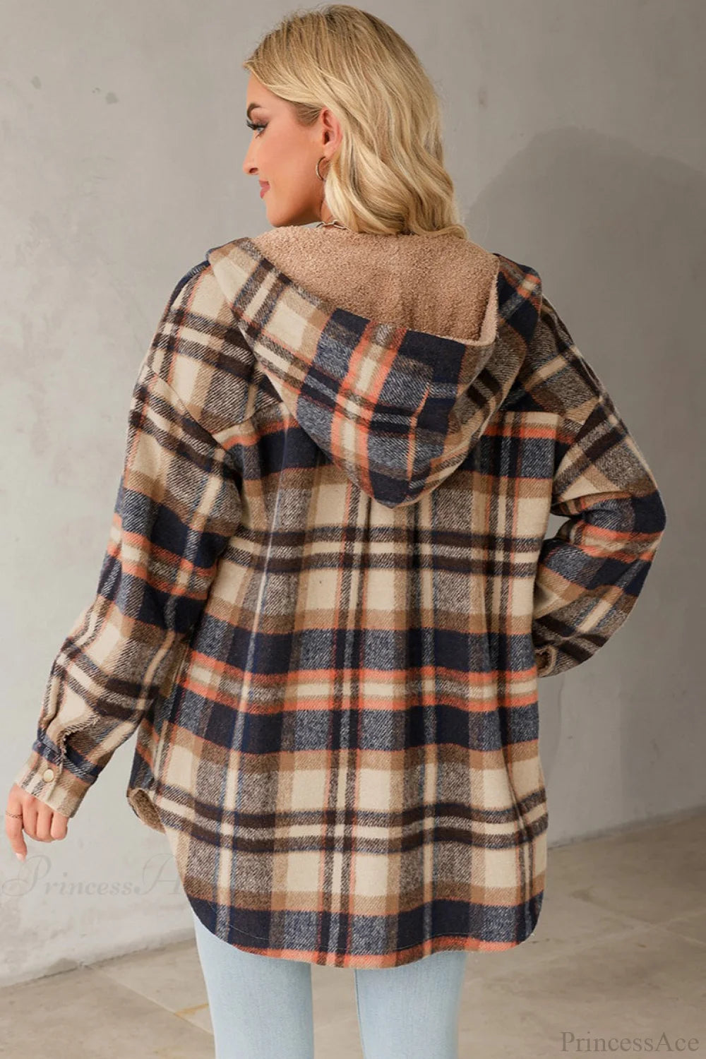 Hooded Long Sleeve Plaid Print Fleece Lined Coat