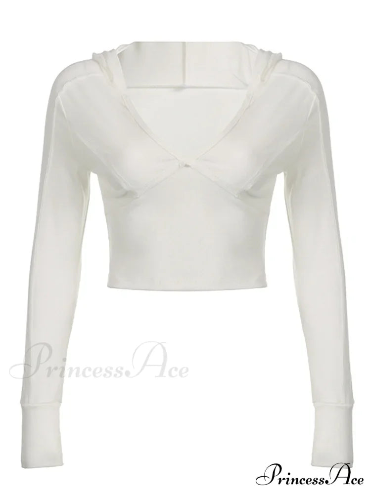 Hooded Ribbed Long Sleeve Deep V Neck Solid Color Slim Fit T-Shirts